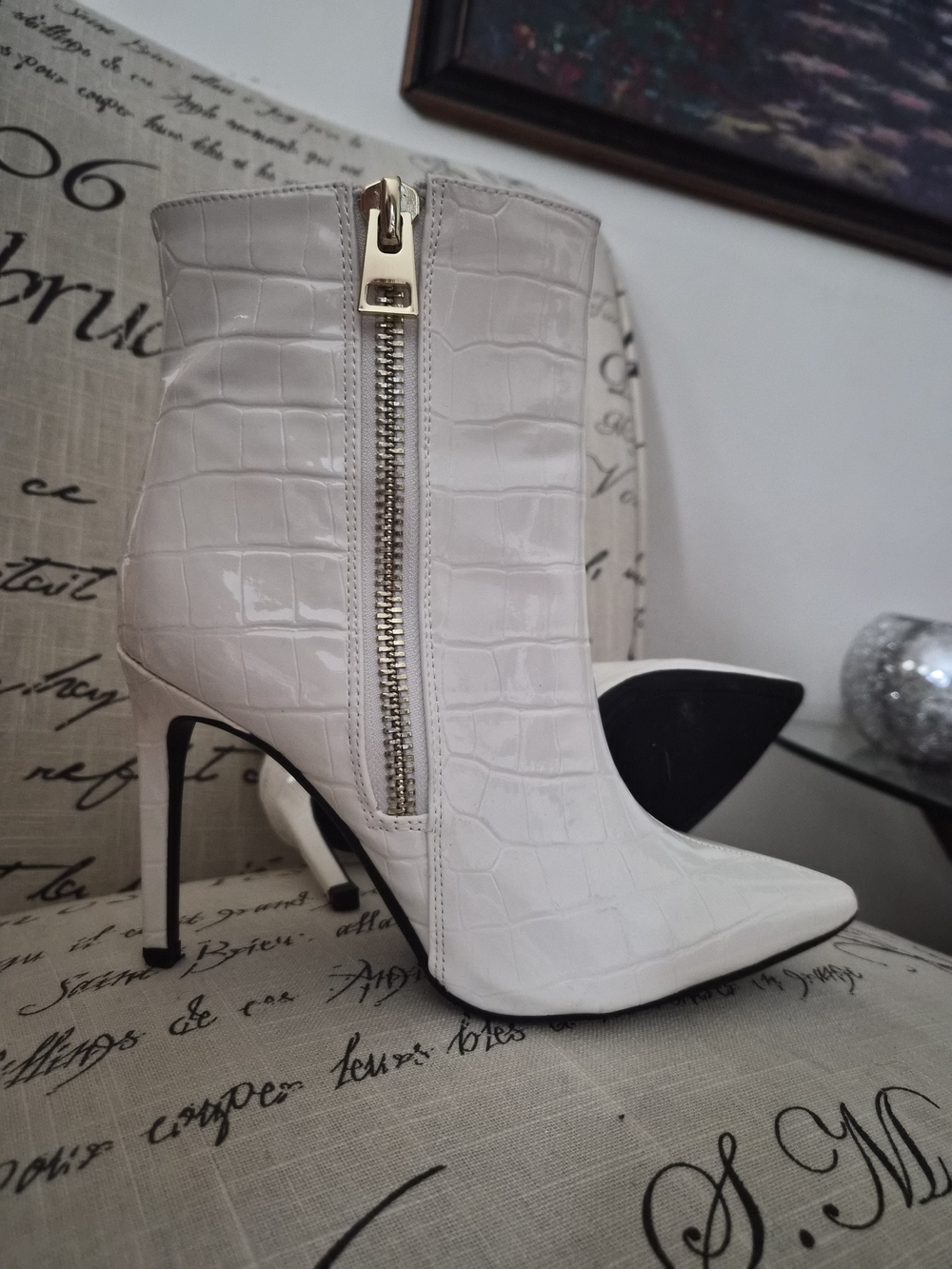 Women's White Croc-Embossed Stiletto Ankle Boots with Gold Zip